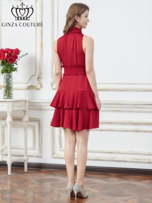 画像3: [送料無料][GINZA COUTURE]レッド・レッド×ホワイト・ホワイト・ブラック×ホワイト・ロイヤルブルー・ドット・花柄・プリント・ワンカラー・首元フリル・ウエストマーク・アメリカンスリーブ・ティアード・Aライン・ミニドレス・ワンピース[即日発送][大きいサイズあり]