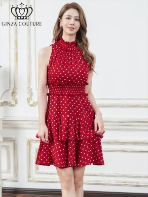画像8: [送料無料][GINZA COUTURE]レッド・レッド×ホワイト・ホワイト・ブラック×ホワイト・ロイヤルブルー・ドット・花柄・プリント・ワンカラー・首元フリル・ウエストマーク・アメリカンスリーブ・ティアード・Aライン・ミニドレス・ワンピース[即日発送][大きいサイズあり]