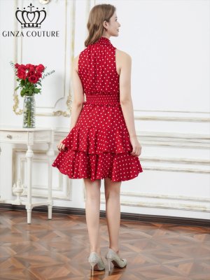 画像9: [送料無料][GINZA COUTURE]レッド・レッド×ホワイト・ホワイト・ブラック×ホワイト・ロイヤルブルー・ドット・花柄・プリント・ワンカラー・首元フリル・ウエストマーク・アメリカンスリーブ・ティアード・Aライン・ミニドレス・ワンピース[即日発送][大きいサイズあり]