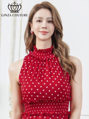 画像10: [送料無料][GINZA COUTURE]レッド・レッド×ホワイト・ホワイト・ブラック×ホワイト・ロイヤルブルー・ドット・花柄・プリント・ワンカラー・首元フリル・ウエストマーク・アメリカンスリーブ・ティアード・Aライン・ミニドレス・ワンピース[即日発送][大きいサイズあり]