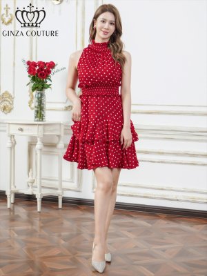 画像11: [送料無料][GINZA COUTURE]レッド・レッド×ホワイト・ホワイト・ブラック×ホワイト・ロイヤルブルー・ドット・花柄・プリント・ワンカラー・首元フリル・ウエストマーク・アメリカンスリーブ・ティアード・Aライン・ミニドレス・ワンピース[即日発送][大きいサイズあり]