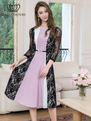 画像1: [送料無料][GINZA COUTURE]パープル×ブラック・トリコロール・レース・七分袖・ベルト付き・アシンメトリー・Aライン・ミディアムドレス・ワンピース[即日発送][大きいサイズあり]