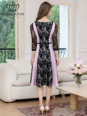 画像3: [送料無料][GINZA COUTURE]パープル×ブラック・トリコロール・レース・七分袖・ベルト付き・アシンメトリー・Aライン・ミディアムドレス・ワンピース[即日発送][大きいサイズあり]