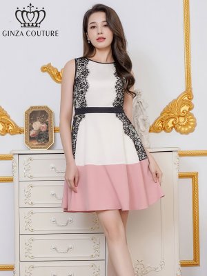 画像1: [送料無料][GINZA COUTURE]ホワイト×ピンク・ホワイト×ブラック・ノースリーブ・パイピング・サイドレース・切替・Aライン・フレア・ミニドレス・ワンピース[即日発送][大きいサイズあり]