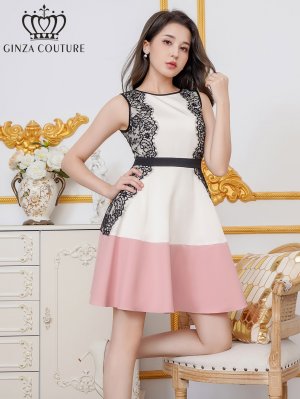画像2: [送料無料][GINZA COUTURE]ホワイト×ピンク・ホワイト×ブラック・ノースリーブ・パイピング・サイドレース・切替・Aライン・フレア・ミニドレス・ワンピース[即日発送][大きいサイズあり]