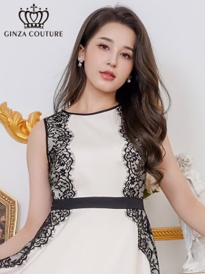 画像4: [送料無料][GINZA COUTURE]ホワイト×ピンク・ホワイト×ブラック・ノースリーブ・パイピング・サイドレース・切替・Aライン・フレア・ミニドレス・ワンピース[即日発送][大きいサイズあり]