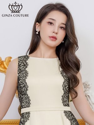 画像4: [送料無料][GINZA COUTURE]アイボリー×ブラック・バイカラー・ノースリーブ・サイドレース・Aライン・フレア・ミニドレス・ワンピース[即日発送][大きいサイズあり]