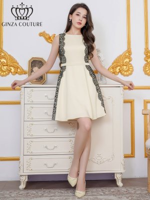 画像5: [送料無料][GINZA COUTURE]アイボリー×ブラック・バイカラー・ノースリーブ・サイドレース・Aライン・フレア・ミニドレス・ワンピース[即日発送][大きいサイズあり]
