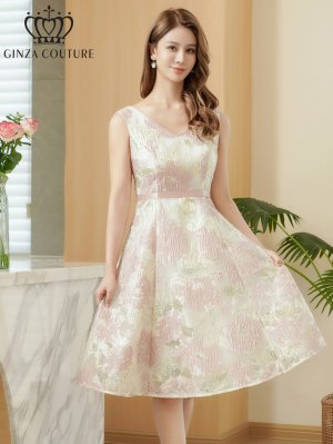 画像8: [送料無料][GINZA COUTURE]アイボリー・ピンク・オーガンジー・ジャガード・花柄・金糸・ノースリーブ・Vネック・Aライン・フレア・ミディアムドレス・ワンピース[即日発送][大きいサイズあり]