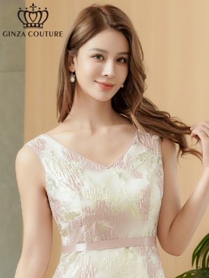 画像10: [送料無料][GINZA COUTURE]アイボリー・ピンク・オーガンジー・ジャガード・花柄・金糸・ノースリーブ・Vネック・Aライン・フレア・ミディアムドレス・ワンピース[即日発送][大きいサイズあり]