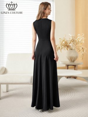 画像3: [送料無料][GINZA COUTURE]ブラック・ブラクラ×ホワイト・ホワイト×ブラック・イエロー・パープル・ロイヤルブルー・ホワイト・ワインレッド・サテン・シンプル・Vネック・ノースリーブ・ウエストマーク・Aライン・ロングドレス[即日発送][大きいサイズあり]