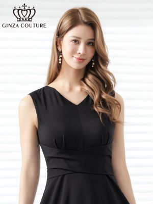 画像4: [送料無料][GINZA COUTURE]ブラック・ブラクラ×ホワイト・ホワイト×ブラック・イエロー・パープル・ロイヤルブルー・ホワイト・ワインレッド・サテン・シンプル・Vネック・ノースリーブ・ウエストマーク・Aライン・ロングドレス[即日発送][大きいサイズあり]