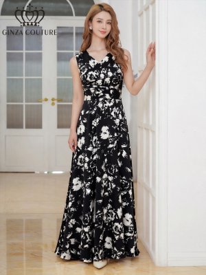画像20: [送料無料][GINZA COUTURE]]パープル・イエロー・ロイヤルブルー・ホワイト・ワインレッド・ホワイト×ブラック・ブラック×ホワイト・サテン・シンプル・Vネック・ノースリーブ・ウエストマーク・Aライン・ロングドレス[即日発送][大きいサイズあり]