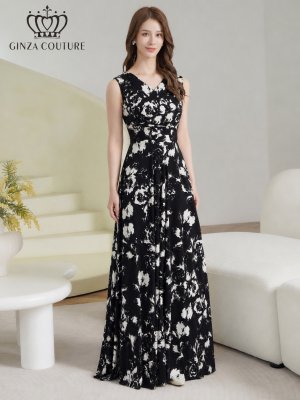 画像2: [送料無料][GINZA COUTURE]ブラック×ホワイト・ホワイト×ブラック・イエロー・パープル・ロイヤルブルー・ホワイト・ワインレッドサテン・シンプル・Vネック・ノースリーブ・ウエストマーク・Aライン・ロングドレス[即日発送][大きいサイズあり]