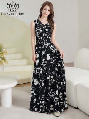 画像1: [送料無料][GINZA COUTURE]ブラック×ホワイト・ホワイト×ブラック・イエロー・パープル・ロイヤルブルー・ホワイト・ワインレッドサテン・シンプル・Vネック・ノースリーブ・ウエストマーク・Aライン・ロングドレス[即日発送][大きいサイズあり]