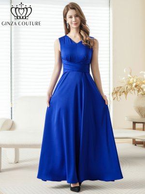 画像1: [送料無料][GINZA COUTURE]ロイヤルブルー・ホワイト・ワインレッド・サテン・シンプル・Vネック・ノースリーブ・ウエストマーク・Aライン・ロングドレス[即日発送][大きいサイズあり]