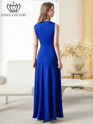 画像3: [送料無料][GINZA COUTURE]ロイヤルブルー・ホワイト・ワインレッド・サテン・シンプル・Vネック・ノースリーブ・ウエストマーク・Aライン・ロングドレス[即日発送][大きいサイズあり]