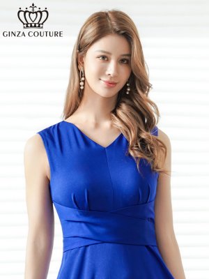 画像4: [送料無料][GINZA COUTURE]ロイヤルブルー・ホワイト・ワインレッド・サテン・シンプル・Vネック・ノースリーブ・ウエストマーク・Aライン・ロングドレス[即日発送][大きいサイズあり]