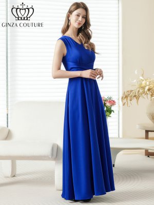 画像5: [送料無料][GINZA COUTURE]ロイヤルブルー・ホワイト・ワインレッド・サテン・シンプル・Vネック・ノースリーブ・ウエストマーク・Aライン・ロングドレス[即日発送][大きいサイズあり]