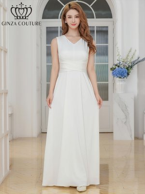 画像1: [送料無料][GINZA COUTURE]ホワイト・サテン・シンプル・Vネック・ノースリーブ・ウエストマーク・Aライン・ロングドレス[即日発送][大きいサイズあり]