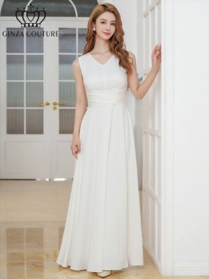 画像2: [送料無料][GINZA COUTURE]ホワイト・サテン・シンプル・Vネック・ノースリーブ・ウエストマーク・Aライン・ロングドレス[即日発送][大きいサイズあり]