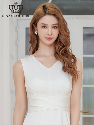 画像4: [送料無料][GINZA COUTURE]ホワイト・ロイヤルブルー・サテン・シンプル・Vネック・ノースリーブ・ウエストマーク・Aライン・ロングドレス[即日発送][大きいサイズあり]