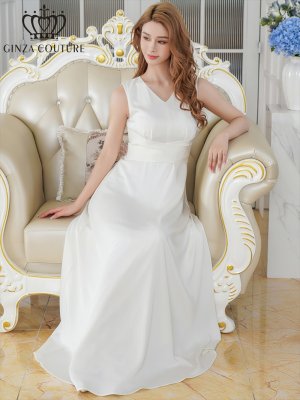 画像6: [送料無料][GINZA COUTURE]ホワイト・ロイヤルブルー・サテン・シンプル・Vネック・ノースリーブ・ウエストマーク・Aライン・ロングドレス[即日発送][大きいサイズあり]