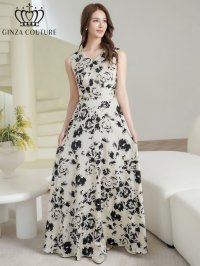 [送料無料][GINZA COUTURE]ホワイト×ブラック・ブラック×ホワイト・イエロー・パープル・ロイヤルブルー・ホワイト・ワインレッドサテン・シンプル・Vネック・ノースリーブ・ウエストマーク・Aライン・ロングドレス[即日発送][大きいサイズあり]