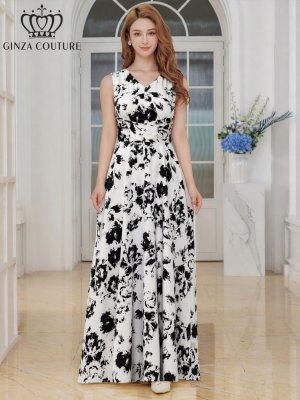 画像20: [送料無料][GINZA COUTURE]ロイヤルブルー・ホワイト・ワインレッド・パープル・イエロー・ホワイト×ブラック・サテン・シンプル・Vネック・ノースリーブ・ウエストマーク・Aライン・ロングドレス[即日発送][大きいサイズあり]