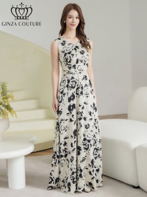 画像2: [送料無料][GINZA COUTURE]ホワイト×ブラック・ブラック×ホワイト・イエロー・パープル・ロイヤルブルー・ホワイト・ワインレッドサテン・シンプル・Vネック・ノースリーブ・ウエストマーク・Aライン・ロングドレス[即日発送][大きいサイズあり]