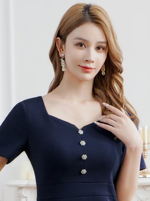 画像9: [送料無料][GINZA COUTURE]ホワイト・ネイビー・ワンカラー・ビジューボタン・スリットネック・半袖・タイト・ミディアムドレス・ワンピース[即日発送][大きいサイズあり]