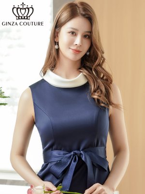 画像4: [送料無料][GINZA COUTURE]ネイビー・ワインレッド・バイカラー・サテン・シンプル・ハイネック・リボンベルト・ノースリーブ・タイト・ミニドレス・ワンピース[即日発送][大きいサイズあり]