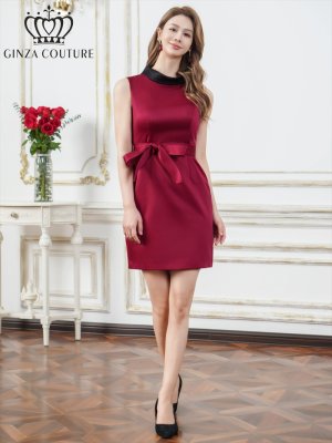 画像5: [送料無料][GINZA COUTURE]ワインレッド・ネイビー・バイカラー・サテン・シンプル・ハイネック・リボンベルト・ノースリーブ・タイト・ミニドレス・ワンピース[即日発送][大きいサイズあり]