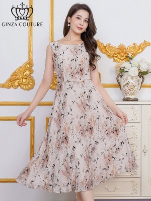 画像2: [送料無料][GINZA COUTURE]オレンジ×ブラック・プリント・シフォン・ノースリーブ・切替・Aライン・ミディアムドレス・ワンピース[即日発送][大きいサイズあり]