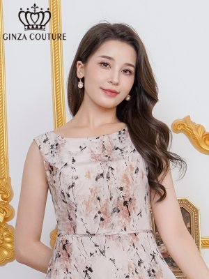 画像4: [送料無料][GINZA COUTURE]オレンジ×ブラック・プリント・シフォン・ノースリーブ・切替・Aライン・ミディアムドレス・ワンピース[即日発送][大きいサイズあり]