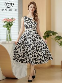 [送料無料][GINZA COUTURE]ブラック×ホワイト・サテン・花柄・プリント・ハイウエスト・レース切替・Aライン・ミディアムドレス・ワンピース[即日発送][大きいサイズあり]