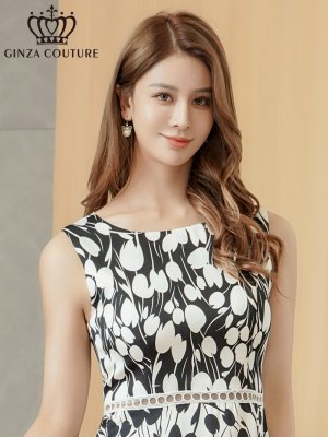 画像4: [送料無料][GINZA COUTURE]ブラック×ホワイト・サテン・花柄・プリント・ハイウエスト・レース切替・Aライン・ミディアムドレス・ワンピース[即日発送][大きいサイズあり]
