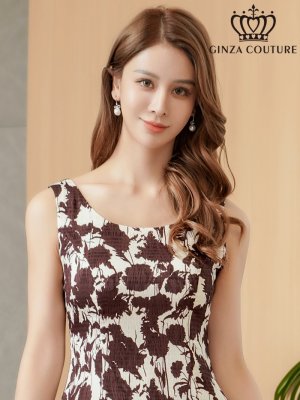 画像4: [送料無料][GINZA COUTURE]ベージュ×ブラウン・花柄・プリント・ノースリーブ・Aライン・ミディアムドレス・ワンピース[即日発送][大きいサイズあり]