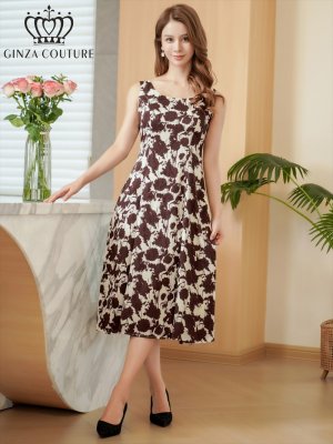 画像5: [送料無料][GINZA COUTURE]ベージュ×ブラウン・花柄・プリント・ノースリーブ・Aライン・ミディアムドレス・ワンピース[即日発送][大きいサイズあり]