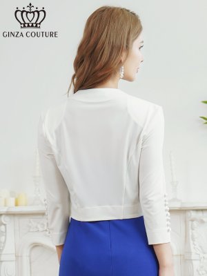 画像6: [送料無料][GINZA COUTURE]ブラック・ホワイト・ワンカラー・シンプル・無地・くるみボタン・ストレッチ・ジャケット風・ボレロ[即日発送][大きいサイズあり]