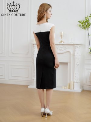 画像3: [送料無料][GINZA COUTURE]ホワイト×ブラック・バイカラー・バストギャザー・Vネック・バックスリット・ストレッチ・シンプル・ノースリーブ・タイト・膝丈・ミディアムドレス・ワンピース[即日発送][大きいサイズあり]