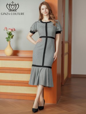 画像1: [送料無料][GINZA COUTURE]ブラック×ホワイト・千鳥格子柄・パフスリーブ・半袖・タイト・マーメイド・ミディアムドレス・ワンピース[即日発送][大きいサイズあり]