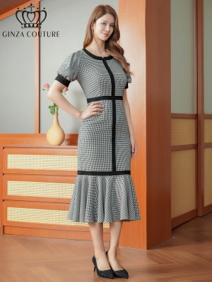 画像2: [送料無料][GINZA COUTURE]ブラック×ホワイト・千鳥格子柄・パフスリーブ・半袖・タイト・マーメイド・ミディアムドレス・ワンピース[即日発送][大きいサイズあり]