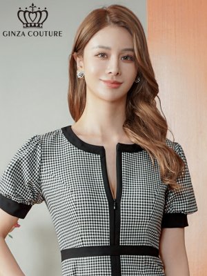 画像4: [送料無料][GINZA COUTURE]ブラック×ホワイト・千鳥格子柄・パフスリーブ・半袖・タイト・マーメイド・ミディアムドレス・ワンピース[即日発送][大きいサイズあり]