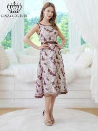 [送料無料][GINZA COUTURE]ホワイト×ブラウン・シフォン・プリント・切替・Aライン・ノースリーブ・ミディアムドレス・ワンピース[即日発送][大きいサイズあり]