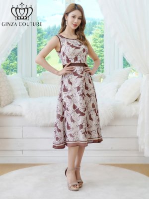 画像1: [送料無料][GINZA COUTURE]ホワイト×ブラウン・シフォン・プリント・切替・Aライン・ノースリーブ・ミディアムドレス・ワンピース[即日発送][大きいサイズあり]
