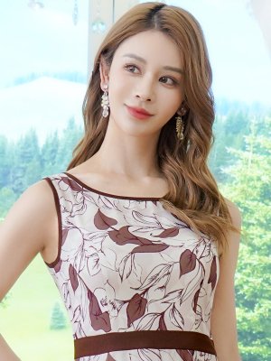 画像4: [送料無料][GINZA COUTURE]ホワイト×ブラウン・シフォン・プリント・切替・Aライン・ノースリーブ・ミディアムドレス・ワンピース[即日発送][大きいサイズあり]