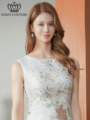 画像4: [送料無料][GINZA COUTURE]ホワイト×グリーン・ホワイト×レッド・ジャガード・花柄・金糸・ノースリーブ・タイト・ミディアムドレス・ワンピース[即日発送][大きいサイズあり]