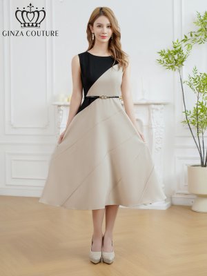 画像1: [送料無料][GINZA COUTURE]ブラック×ベージュ・バイカラー・ノースリーブ・切替・ベルト付き・アシンメトリー・Aライン・ミディアムドレス・ワンピース[即日発送][大きいサイズあり]