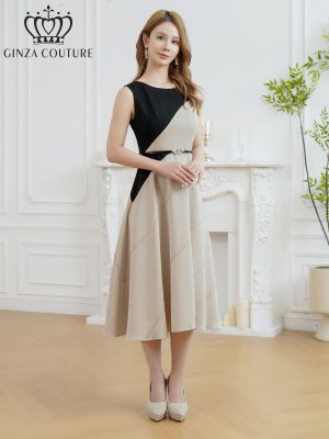 画像2: [送料無料][GINZA COUTURE]ブラック×ベージュ・バイカラー・ノースリーブ・切替・ベルト付き・アシンメトリー・Aライン・ミディアムドレス・ワンピース[即日発送][大きいサイズあり]